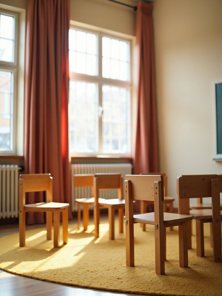 Child-sized wooden chairs in a circle on a yellow rug in a sunlit classroom