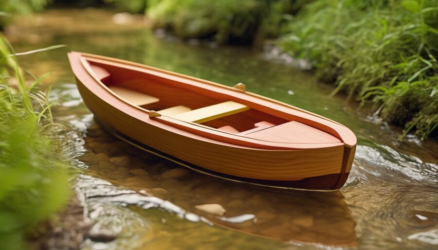 Wooden toy boat floating in a shallow stream