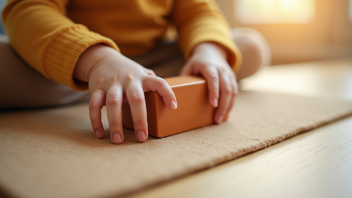 Child’s hands playing with wooden blocks