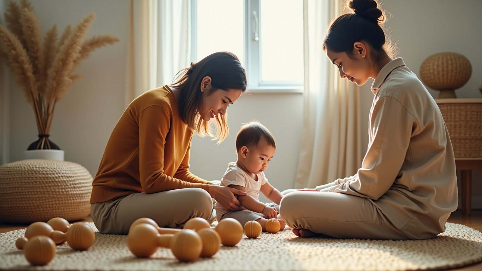 Caregivers and a baby playing with wooden toys in a sunlit room