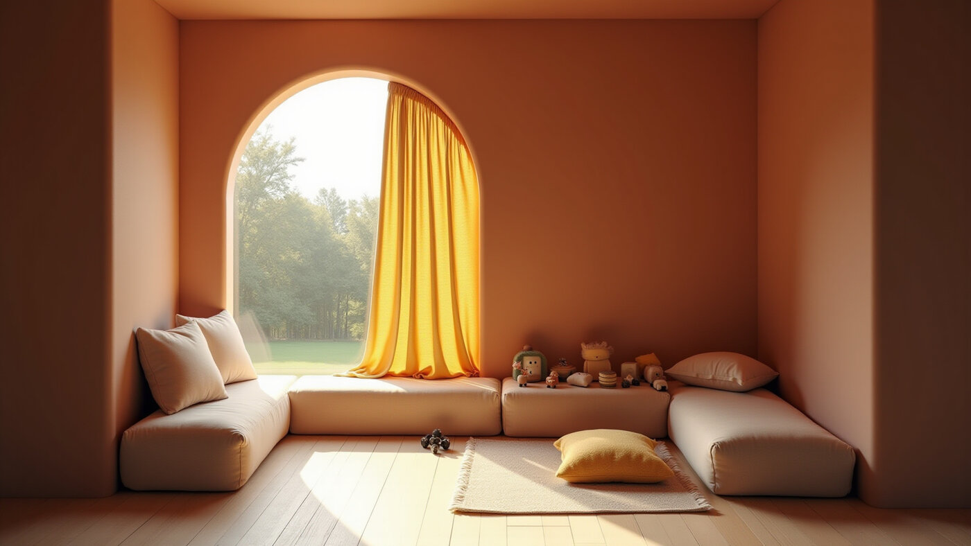 Terracotta room with arched window, yellow curtain, and floor cushions
