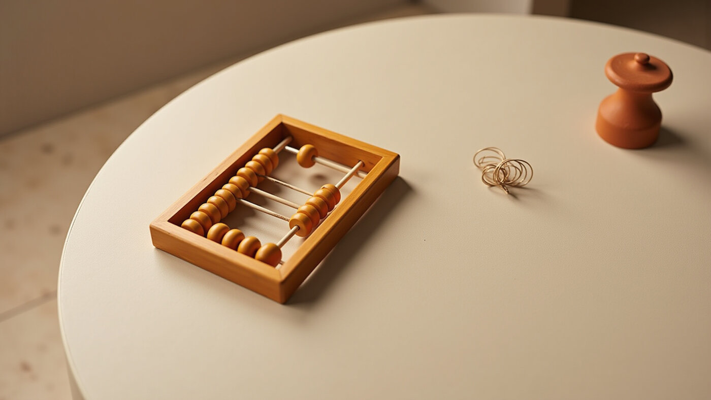 Wooden abacus and small terracotta toy on a light table